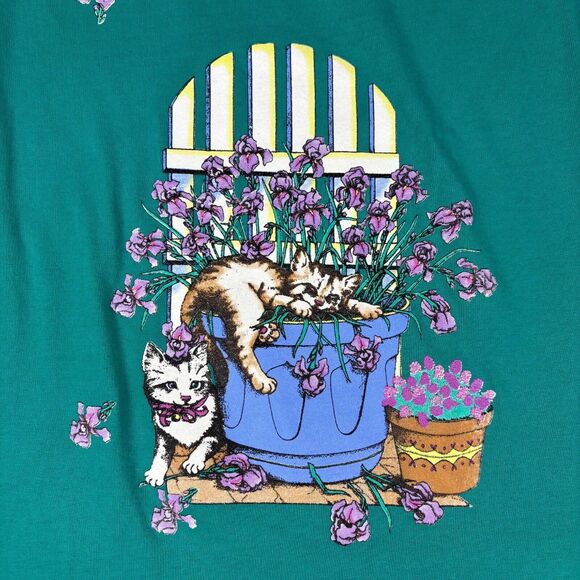 Vintage Gopher Sport‎ Polo Shirt XL USA Made Cat Floral Graphic Teal 90s - Picture 4 of 11